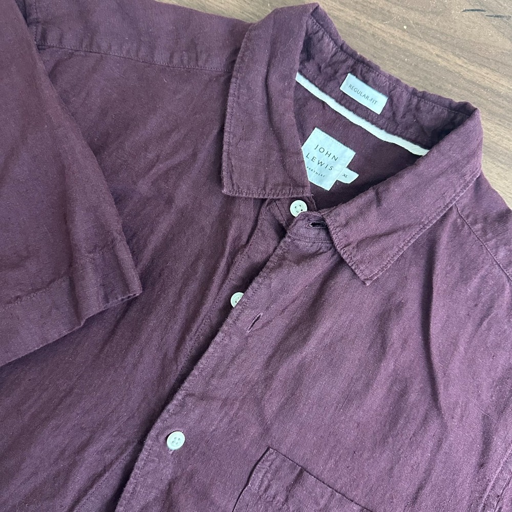 John Lewis Shirt Burgundy Linen Regular Fit Pocket Short Sleeve Button Up Men XL